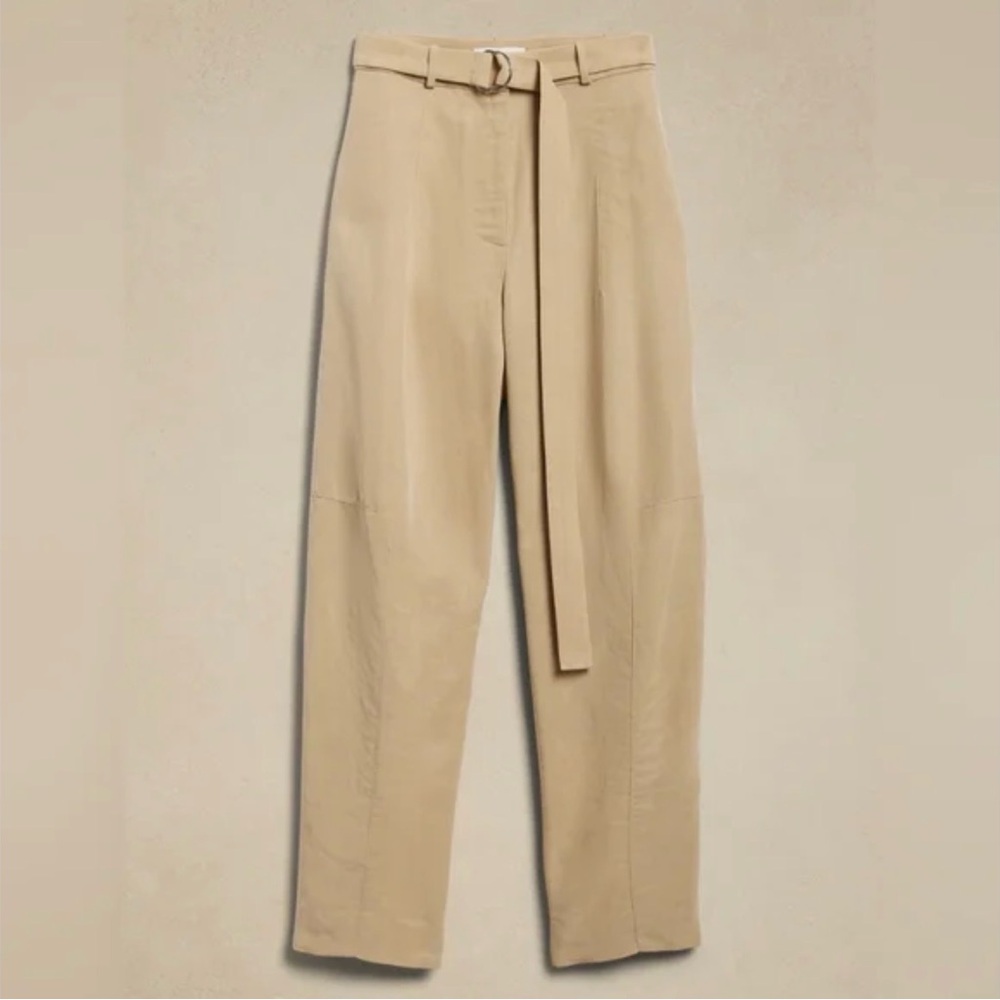Banana Republic Tan High Waist Barrel Leg Linen Blend Trousers US2